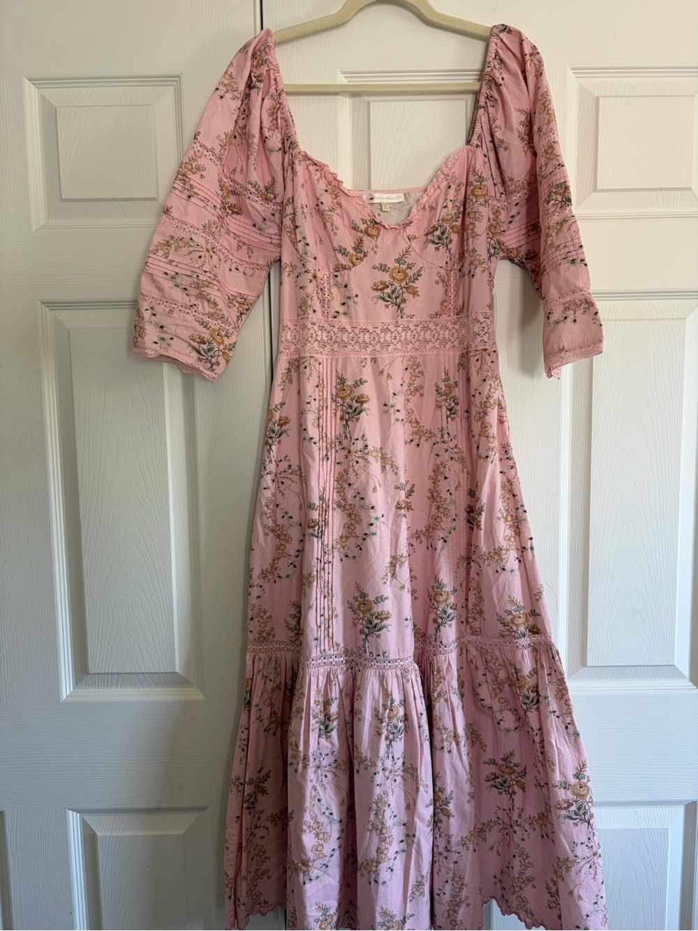 LoveShackFancy Pink Floral Maxi Dress with Puff Sleeves